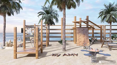 playground equipment featuring climbing structures and slides designed for outdoor fun by the beach in a tropical style, enhancing leisure spaces for children's activities, utilizing Homestyler's AR virtual placement feature.