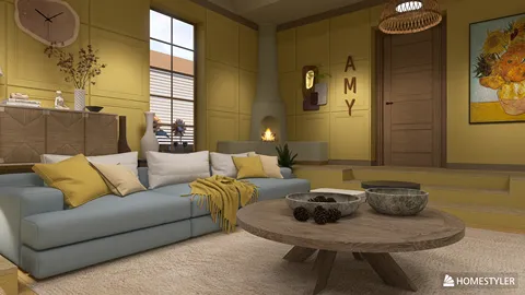 cozy living room showcasing a modern aesthetic with a light blue sofa and yellow accents, featuring a round wooden coffee table; ideal for interior design inspiration and utilizing Homestyler's real-time 3D rendering capabilities.