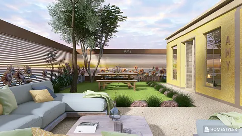 Outdoor garden space featuring a cozy seating area with a modern sofa and coffee table, enhanced by lush greenery and vibrant sunflowers, showcasing a relaxing design style optimized for outdoor living, utilizing Homestyler's real-time 3D rendering functionality.