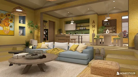 spacious living room featuring a cozy blue sofa with yellow accents, designed in a modern style, creating a warm and inviting atmosphere, utilizing homestyler's real-time 3D rendering for instant design previews.