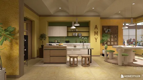 Modern kitchen featuring sleek cabinetry and a spacious island, designed in a contemporary style to optimize space functionality for family gatherings, showcasing Homestyler's real-time 3D rendering feature.