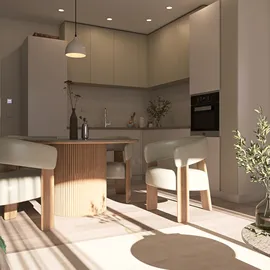 A cozy dining area featuring a round wooden table with modern chairs, showcasing a minimalist design style that enhances space efficiency, utilizing Homestyler's real-time 3D rendering feature.