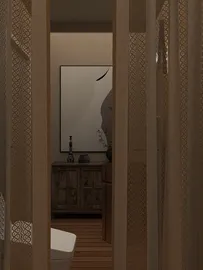 Modern bathroom interior design featuring a stylish wooden cabinet and decorative elements, showcasing efficient space utilization using Homestyler's smart furniture arrangement feature.