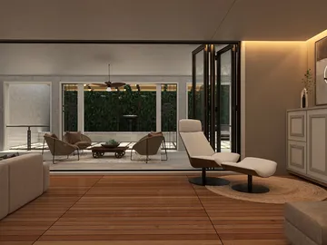 modern living room featuring stylish armchairs and a relaxing lounge chair, showcasing an open layout with indoor-outdoor flow, enriched with a minimalist aesthetic and spacious appeal, utilizing Homestyler's real-time 3D rendering for an immersive design proposal.