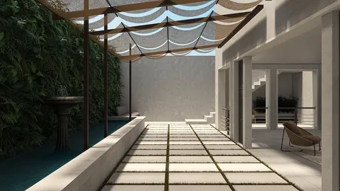 outdoor patio with shaded seating and water features showcasing modern design and open air layout using Homestyler's real-time 3D rendering for interior decor