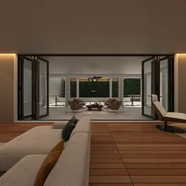 modern living room with open concept design featuring comfortable seating and large windows, showcasing a seamless indoor-outdoor flow for enhanced spatial value, utilizing Homestyler's real-time 3D rendering technology.