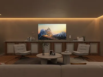 modern living room design featuring comfortable chairs and a central coffee table in a warm ambiance, showcasing interior decor ideas with Homestyler's real-time 3D rendering feature.