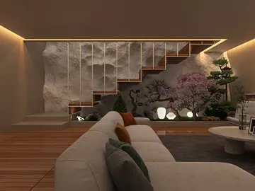 Modern living room with a stylish sofa and wooden staircase featuring a decorative rock wall, designed using Homestyler for seamless interior decor visualization.
