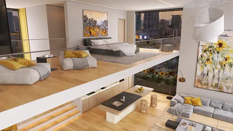 Modern open-plan living room with a stylish sofa and coffee table, showcasing a cozy bedroom area above; designed with contemporary aesthetics; featuring Homestyler's real-time 3D rendering for quick design previews.