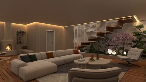 modern living room featuring a spacious sectional sofa and a decorative coffee table, showcasing a harmonious blend of indoor and outdoor elements with a serene garden view, designed using Homestyler's real-time 3D rendering feature for an immersive interior design experience.