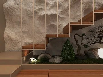 Modern staircase design featuring wooden steps and a natural stone wall, creating a harmonious indoor garden space; showcasing interior decor styles and the real-time 3D rendering feature of Homestyler.