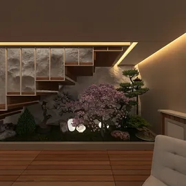 modern staircase design featuring a serene indoor garden with cherry blossom and stone elements, showcasing a tranquil living space optimized for relaxation using Homestyler's real-time 3D rendering feature.