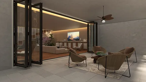 modern living room with open sliding doors showcasing outdoor space, featuring stylish furniture arrangement, warm lighting, and a cozy atmosphere, designed using Homestyler's real-time 3D rendering functionality