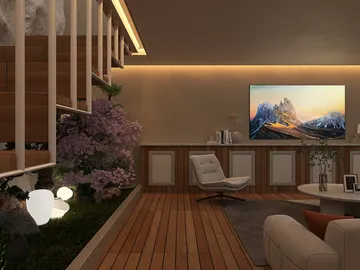 modern living room with furniture arrangement showcasing ambient lighting and natural elements, featuring Homestyler's real-time 3D rendering for design proposal presentation.