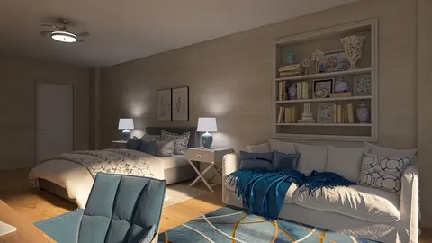 bedroom interior design featuring twin beds and a cozy sofa, showcasing a modern style with a light color palette and decorative accents, utilizing Homestyler's real-time 3D rendering feature for design proposal visualization.