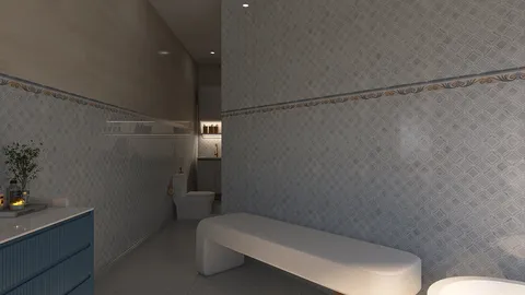 interior bathroom design featuring a modern bench with geometric tile patterning in a contemporary style, showcasing the real-time 3D rendering capabilities of Homestyler.