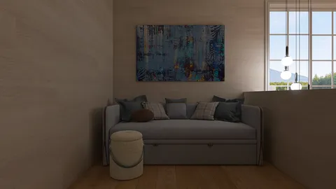 cozy daybed with throw pillows in a modern minimalist style, enhancing a small living space value using Homestyler's real-time 3D rendering feature.