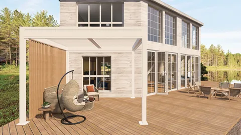 outdoor patio design featuring a cozy hanging chair and dining area, in a modern Scandinavian style, showcasing Homestyler's real-time 3D rendering for realistic outdoor space visualization.