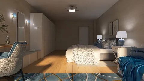 modern bedroom design showcasing a cozy bed arrangement with stylish decorative elements in a contemporary style, emphasizing interior decor optimization with Homestyler's real-time 3D rendering feature.