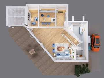 top view of a cozy living room layout with modern furniture arrangement, showcasing open space design, leveraging Homestyler's real-time 3D rendering feature for interior planning.