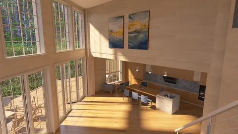 spacious living area showcasing an open kitchen design in a modern style with large windows, enhancing natural light, featuring Homestyler's real-time 3D rendering for quick design previews.