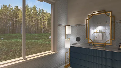 bathroom interior design showcasing a modern vanity with gold accents and large window view of a forest, utilizing Homestyler's real-time 3D rendering feature for quick visualization.