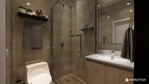 modern bathroom design featuring a glass shower enclosure and wooden cabinetry, optimizing small space with smart furniture placement, showcasing Homestyler's real-time 3D rendering.