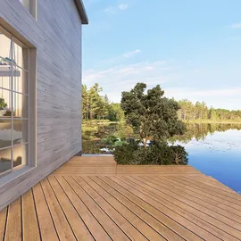 wooden deck overlooking a serene lake with lush greenery, showcasing modern outdoor design, perfect for enhancing exterior spaces with Homestyler's AR virtual furniture placement feature.
