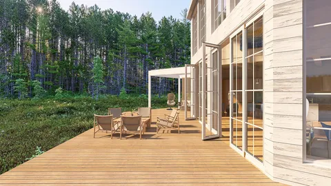 outdoor patio seating arrangement showcasing a modern design with natural wood elements, enhancing the exterior living space value for home projects, featuring Homestyler's real-time 3D rendering capability.
