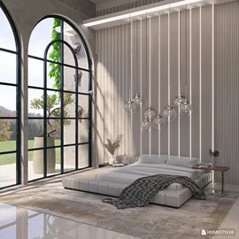 minimalist bedroom with a low bed and modern lighting featuring large windows and a garden view, showcasing interior decor with a focus on natural light, utilizing Homestyler's real-time 3D rendering feature.