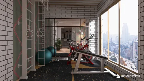 modern home gym featuring exercise equipment and a scenic city view with large windows, showcasing a minimalist design style for interior decor optimization using Homestyler's real-time 3D rendering feature.