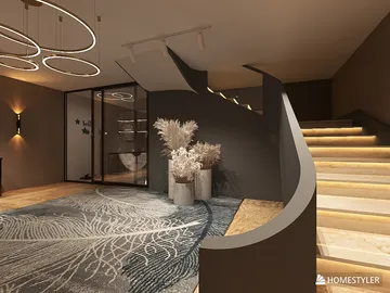 stunning staircase design showcasing an elegant transition with a modern touch in an upscale hallway interior, featuring Homestyler's real-time 3D rendering