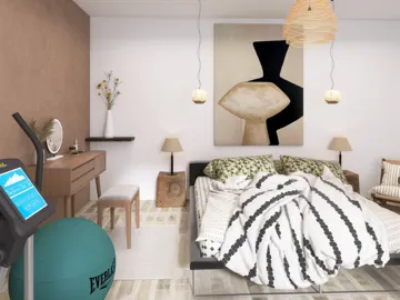 cozy bedroom with modern furniture arrangement featuring a comfortable bed, minimalist decor, and artistic wall art, showcasing Homestyler's real-time 3D rendering for interior design inspiration.