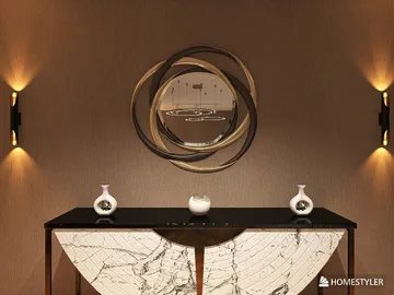 Modern console table with marble surface and artistic mirror styling the entryway in a contemporary design, showcasing Homestyler's real-time 3D rendering feature.
