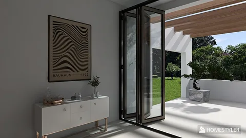 modern entryway design featuring a large glass door opening to a garden view, showcasing minimalist decor style and utilizing Homestyler's real-time 3D rendering for realistic space visualization.