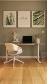 modern home office workspace featuring a stylish desk with a comfortable chair and decorative wall art, designed to enhance productivity using Homestyler's real-time 3D rendering feature.