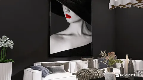 Modern living room featuring a stylish black and white artwork with a woman's silhouette, showcasing a minimalist design aesthetic, enhancing the interior decor with Homestyler's real-time 3D rendering functionality.