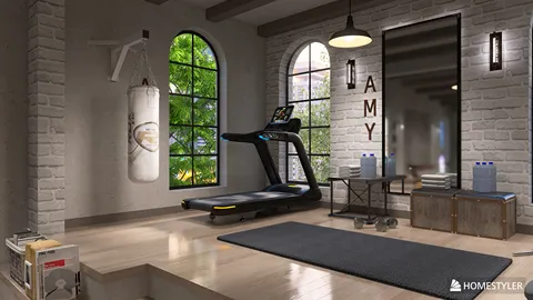 exercise area with treadmill and punching bag design in modern style enhancing fitness space using Homestyler's real-time 3D rendering feature