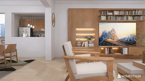 living room with wooden furniture featuring a TV wall unit, showcasing a modern design style, ideal for interior decor ideas, utilizing Homestyler's real-time 3D rendering feature.