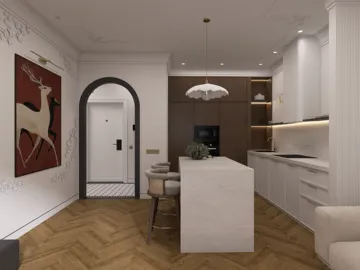 Kitchen area featuring a modern marble island and cabinetry, styled in a minimalist aesthetic, showcasing efficient use of space with an open layout, utilizing Homestyler's real-time 3D rendering functionality.