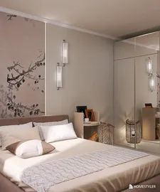 Cozy bedroom design featuring soft bedding and artistic wall decor with a contemporary touch, showcasing smart furniture arrangement to optimize space, using Homestyler's real-time 3D rendering for an effective design preview.