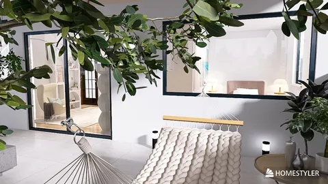 hammock in a cozy indoor space with a modern design, showcasing a relaxation area and natural lighting, featuring Homestyler's real-time 3D rendering for design proposals.