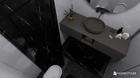 modern bathroom sink design featuring a round basin and sleek countertop with minimal decor in a contemporary dark marble style, showcasing interior decor optimization using Homestyler's real-time 3D rendering.