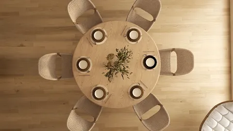 round dining table with six chairs arranged elegantly in a minimalistic style, showcasing an interior decor concept; utilizing Homestyler's real-time 3D rendering feature for an accurate design preview.