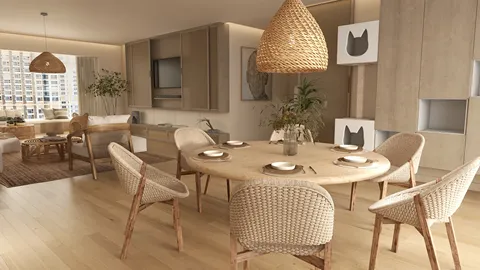 a dining area featuring a round wooden table set with dishes, styled in a modern minimalist aesthetic, showcasing interior design capabilities using Homestyler's realistic 3D rendering tool for home decor visualization.