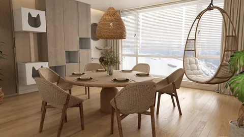 modern dining area featuring a round wooden table with woven chairs and a hanging rattan chair, designed in a minimalist style, showcasing a sleek interior decor aesthetic; utilizes Homestyler's real-time 3D rendering feature for effective design visualization.