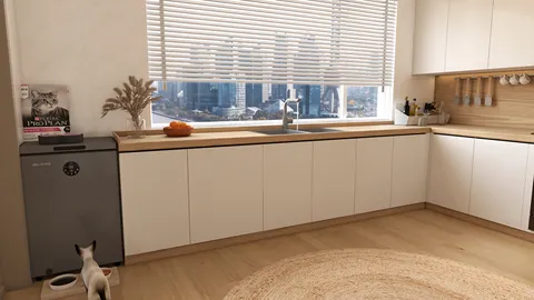 Modern kitchen layout with an elegant wooden countertop, featuring sleek cabinetry and a scenic city view; ideal for optimal space utilization with Homestyler's smart furniture arrangement feature.