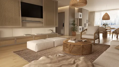 modern living room with cozy furniture arrangement showcasing natural textures and neutral tones using Homestyler's smart furniture placement feature for optimal space utilization.