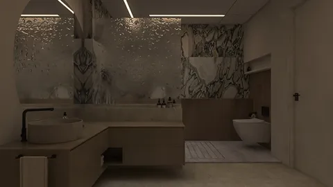 modern bathroom design featuring a unique marble wall and sleek furnishings showcasing a minimalist style that optimizes space; highlights Homestyler's real-time 3D rendering for design proposal visualization.