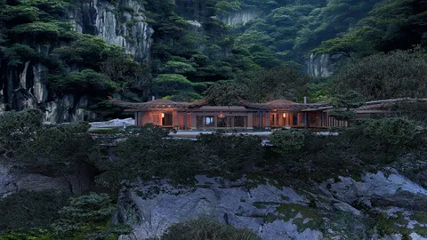 Modern house design nestled in rocky terrain surrounded by lush greenery showcasing exterior architecture with a natural aesthetic, utilizing Homestyler's real-time 3D rendering feature.